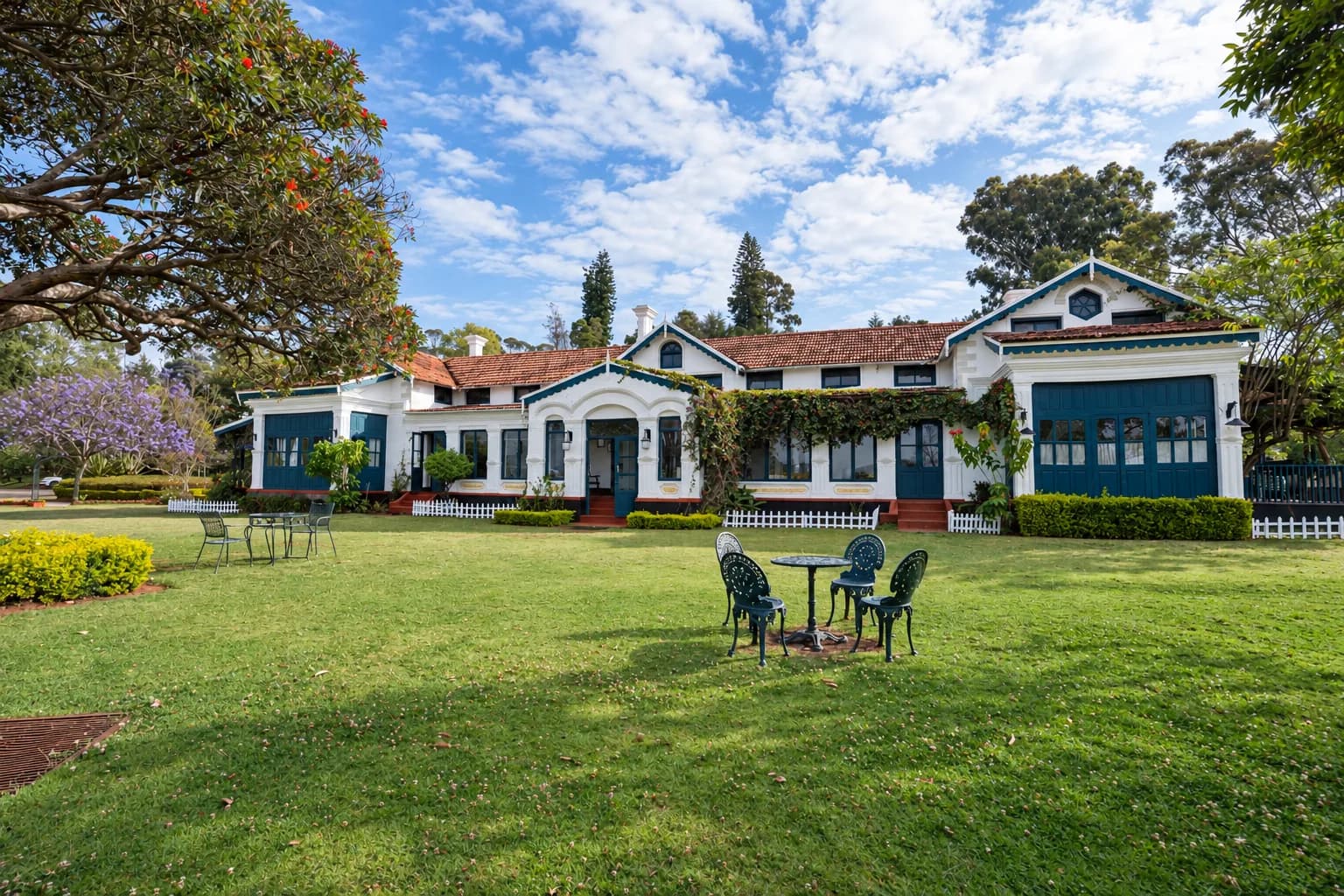 The lawn with its seating, the house and the hills beyond