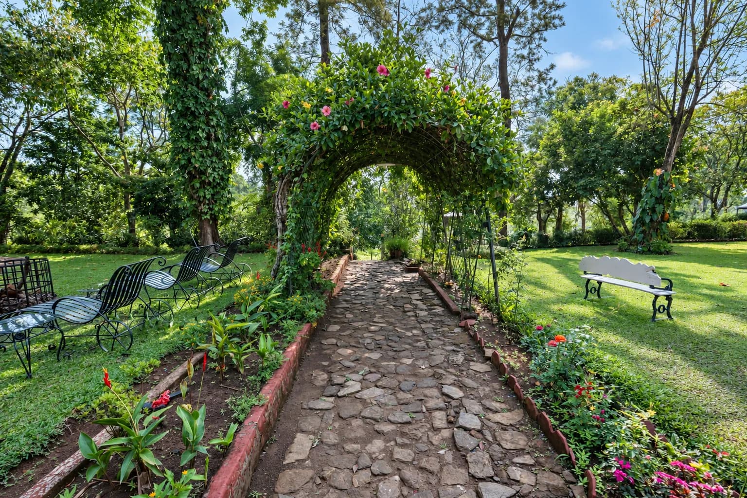 A flowering arch over the stone path through the garden