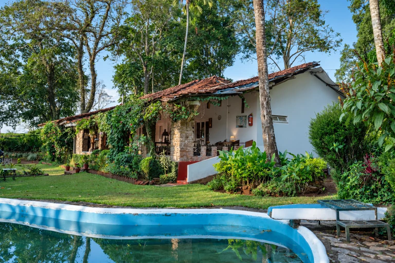 The house above the blue pool, loungers along its edge