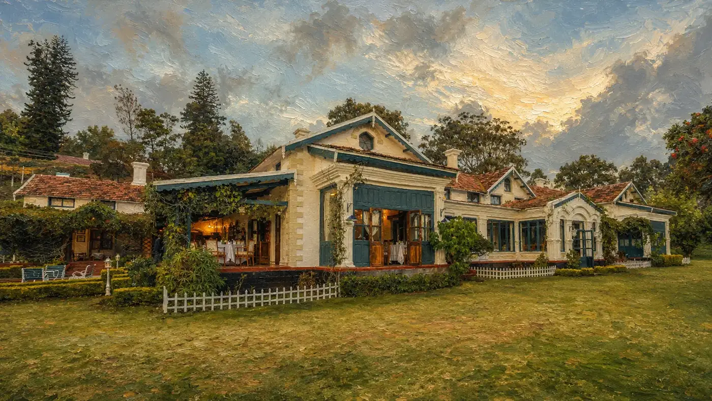 A heritage bungalow at dusk, lamps lit along the veranda