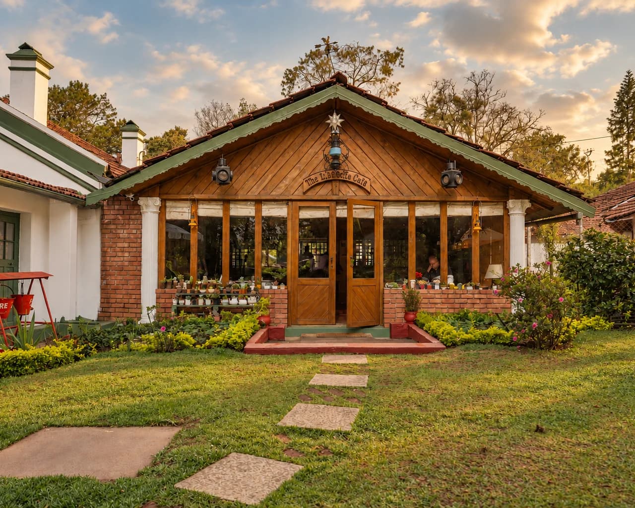 The timber-gabled conservatory cafe at Lymond House at golden hour, stepping stones crossing the lawn to its doors