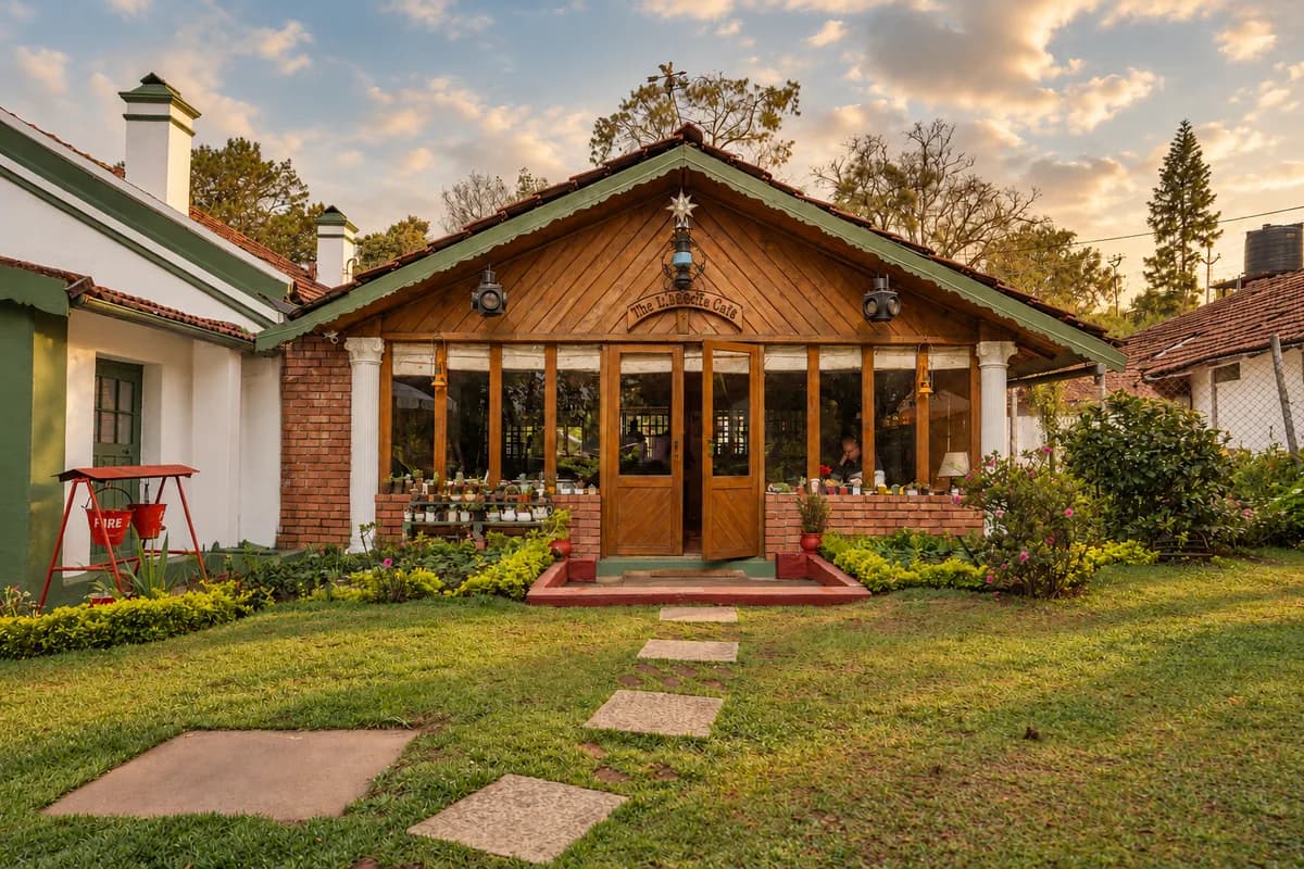 The timber-gabled cafe conservatory at Lymond House at golden hour, stepping stones crossing the lawn to its doors