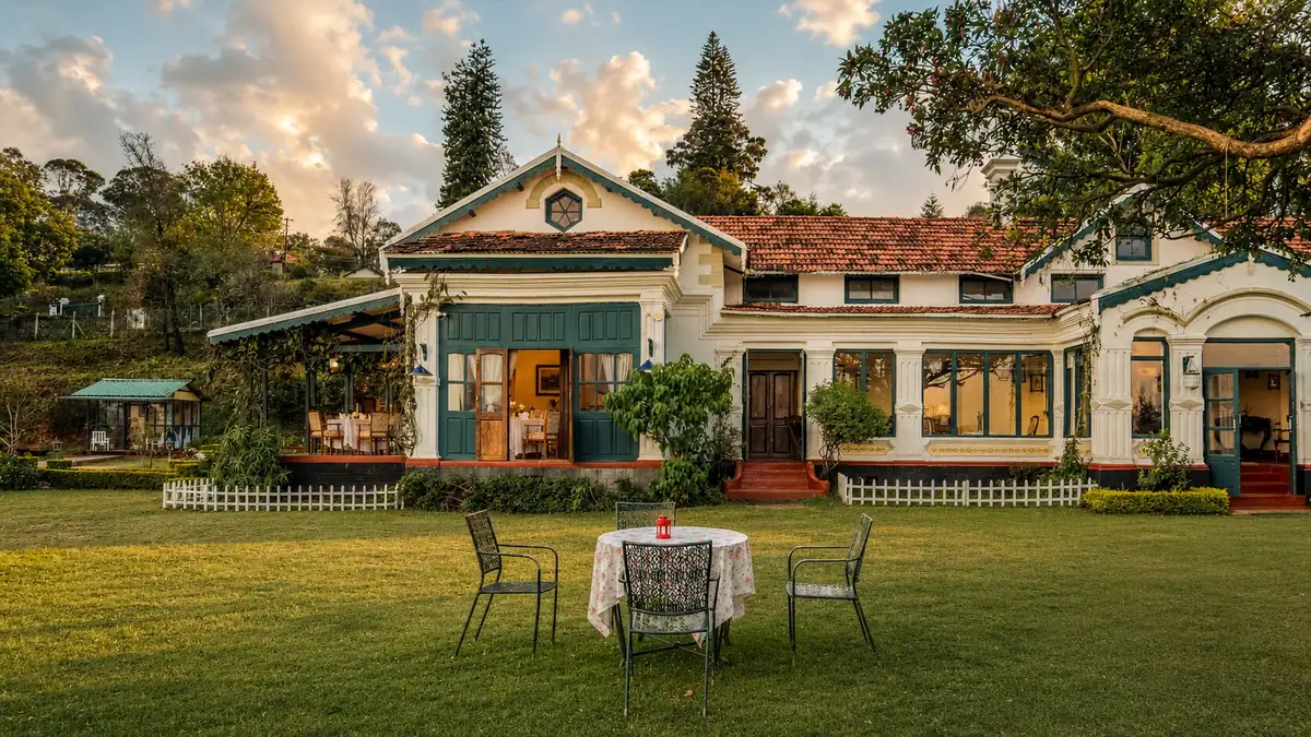 180° McIver at golden hour, a table set on the lawn before the bungalow