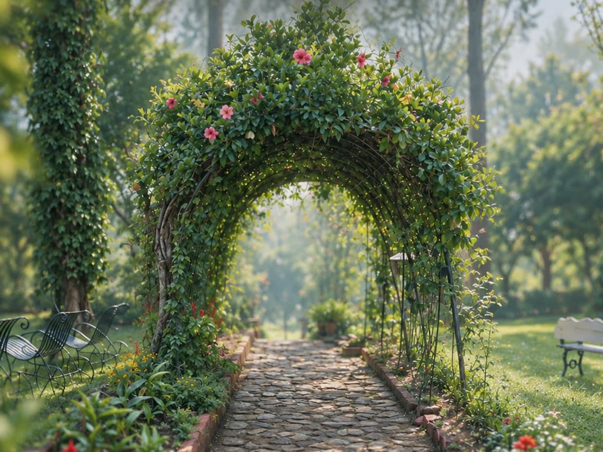 A flowering arch over a cobbled garden path, benches set on the grass either side