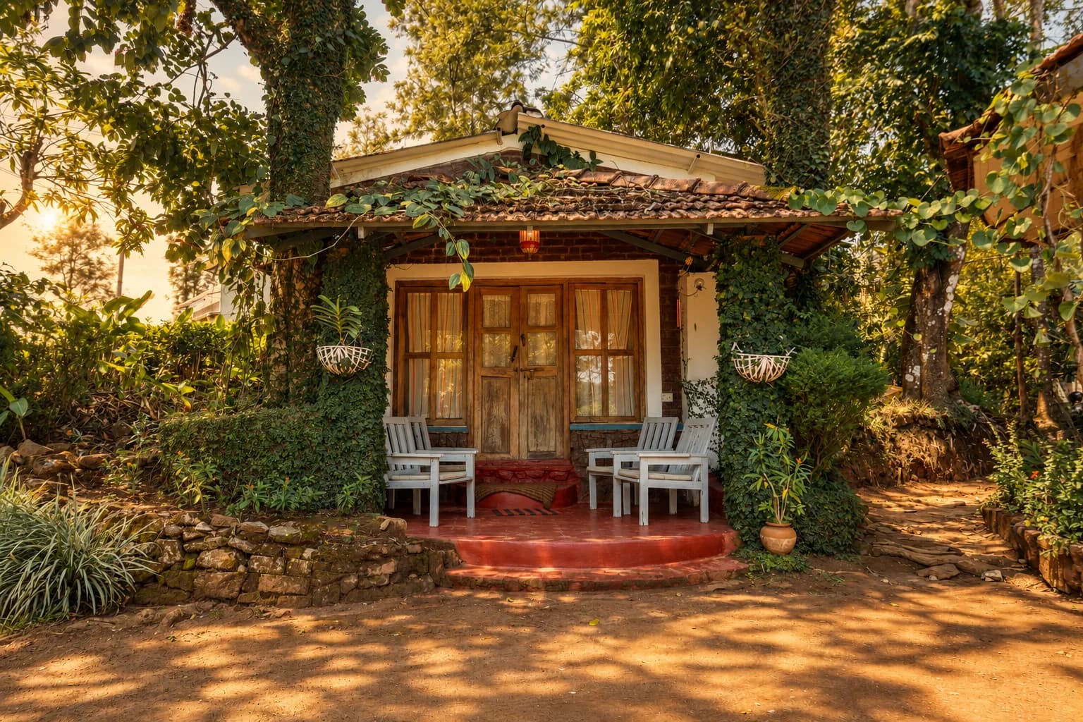 A vine-covered cottage veranda with two chairs, in late afternoon light