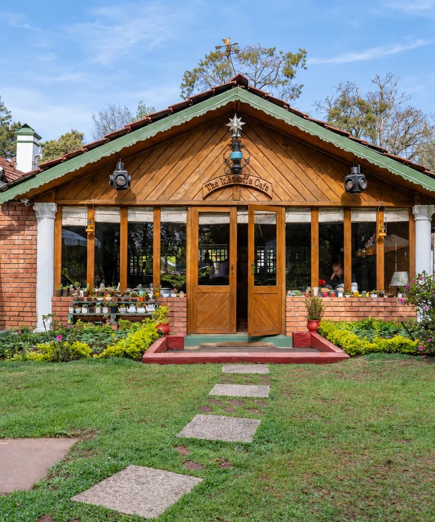 The timber-gabled cafe at Lymond House, stepping stones crossing the lawn to its doors