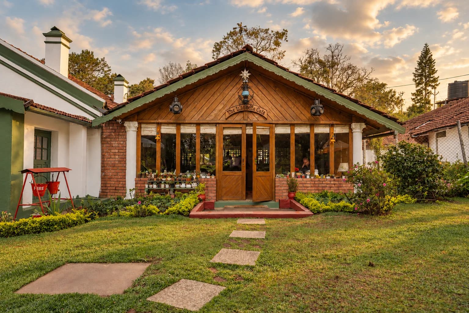 The timber-gabled cafe at Lymond House at golden hour, stepping stones crossing the lawn to its doors